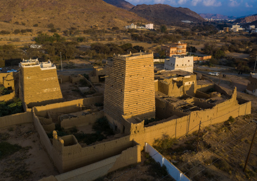 Aerial view of an old village with traditional mud houses, Asir province, Ahad Rufaidah, Saudi Arabia