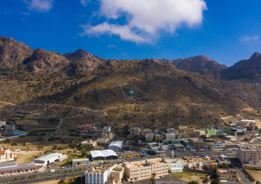 Aerial view of a Saudi Arabia map on a hill, Asir province, Abha, Saudi Arabia