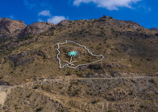 Aerial view of a Saudi Arabia map on a hill, Asir province, Abha, Saudi Arabia