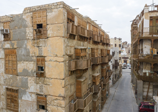 Aerial view of old houses with wooden mashrabiyas in al-Balad quarter, Mecca province, Jeddah, Saudi Arabia