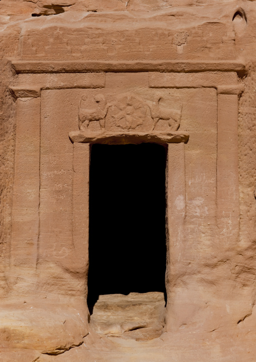 Nabataean tomb in al-Hijr archaeological site in Madain Saleh, Al Madinah Province, Alula, Saudi Arabia