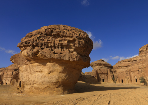 Nabataean tomb in al-Hijr archaeological site in Madain Saleh, Al Madinah Province, Alula, Saudi Arabia