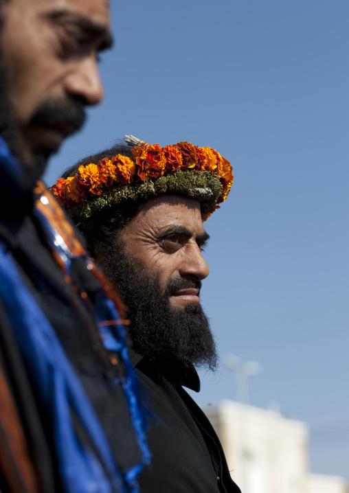 Portrait of flower men wearing a floral crown on the head, Jizan province, Addayer, Saudi Arabia