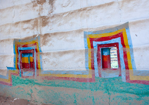 Traditional interior wall decoration made by the women called al-qatt al-asiri in a house, Asir province, Sarat Abidah, Saudi Arabia