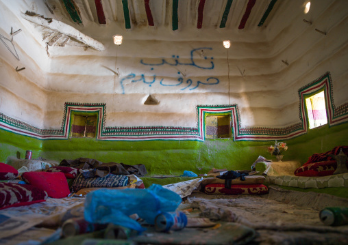 Traditional interior wall decoration made by the women called al-qatt al-asiri in a house, Asir Province, Al Osran, Saudi Arabia