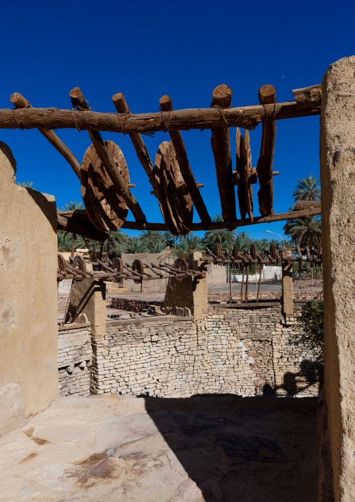 Wooden wheels in the ancient haddaj well, Tabuk province, Tayma, Saudi Arabia