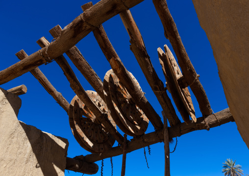 Wooden wheels in the ancient haddaj well, Tabuk province, Tayma, Saudi Arabia