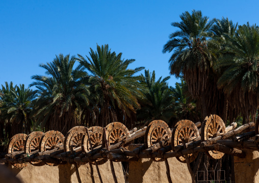 Wooden wheels in the ancient haddaj well, Tabuk province, Tayma, Saudi Arabia