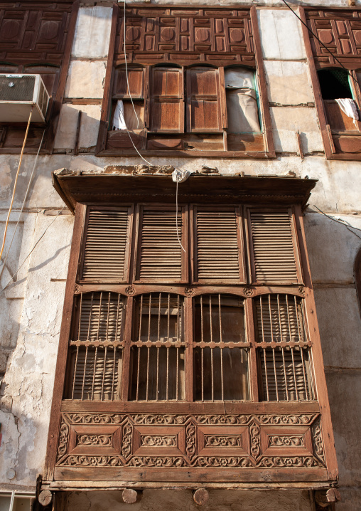 Houses with wooden mashrabia and rowshan in the old quarter, Hijaz Tihamah region, Jeddah, Saudi Arabia