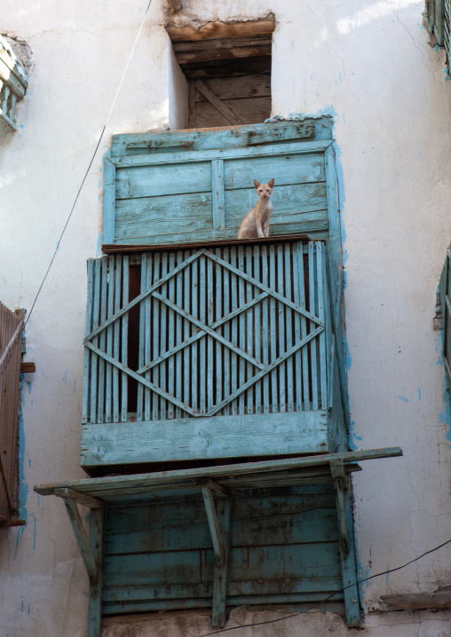 Houses with wooden mashrabia and rowshan in the old quarter, Hijaz Tihamah region, Jeddah, Saudi Arabia