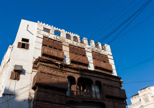 Houses with wooden mashrabia and rowshan in the old quarter, Hijaz Tihamah region, Jeddah, Saudi Arabia