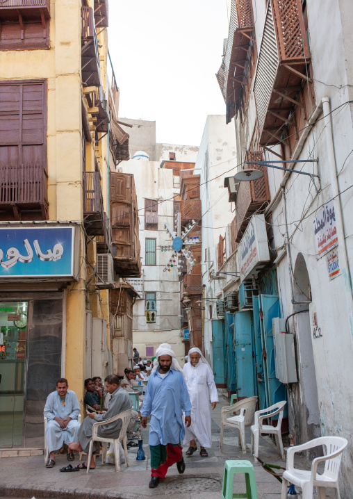 Houses with wooden mashrabia and rowshan in the old quarter, Hijaz Tihamah region, Jeddah, Saudi Arabia