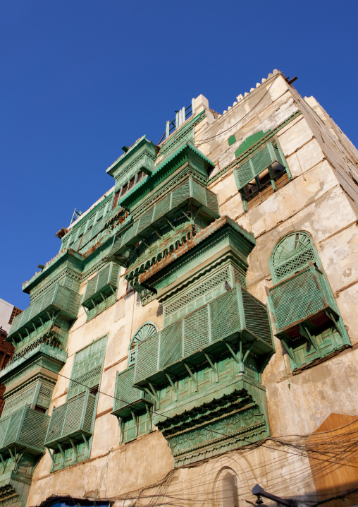 Old house with wooden mashrabiya in al-Balad quarter, Mecca province, Jeddah, Saudi Arabia