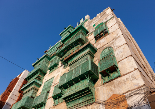 Houses with wooden mashrabia and rowshan in the old quarter, Hijaz Tihamah region, Jeddah, Saudi Arabia