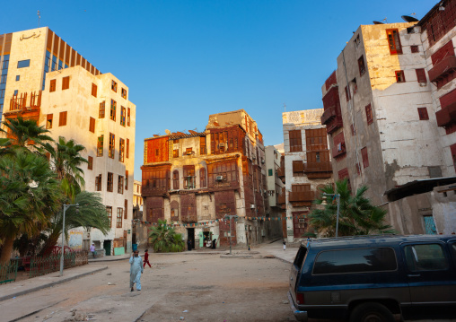 Houses with wooden mashrabia and rowshan in the old quarter, Hijaz Tihamah region, Jeddah, Saudi Arabia