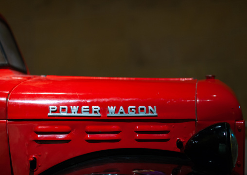 Old aramco red truck at kingdom centre and historical museum, Riyadh Province, Riyadh, Saudi Arabia