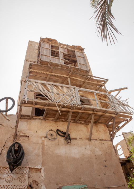 Wooden balconies of an old turkish house, Jizan Region, Farasan island, Saudi Arabia