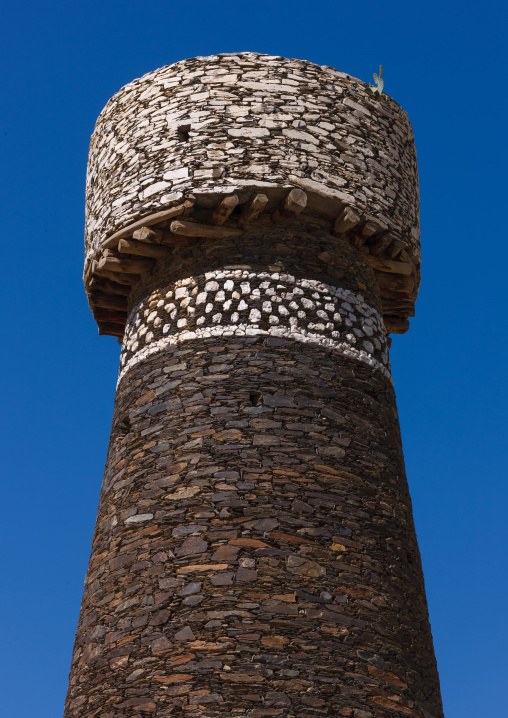 Watchtower used as a granary in rijal alma traditional village with typical aseeri architecture, Rijal Almaa Province, Rijal Alma, Saudi Arabia