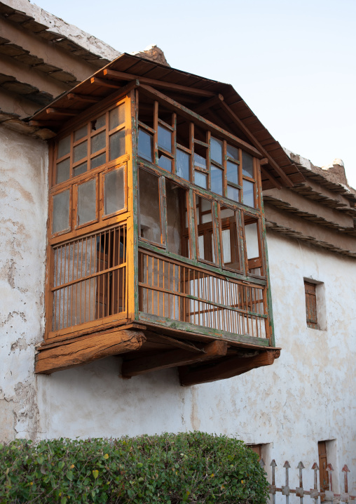 Mashrabiya on an old house, Asir province, Abha, Saudi Arabia