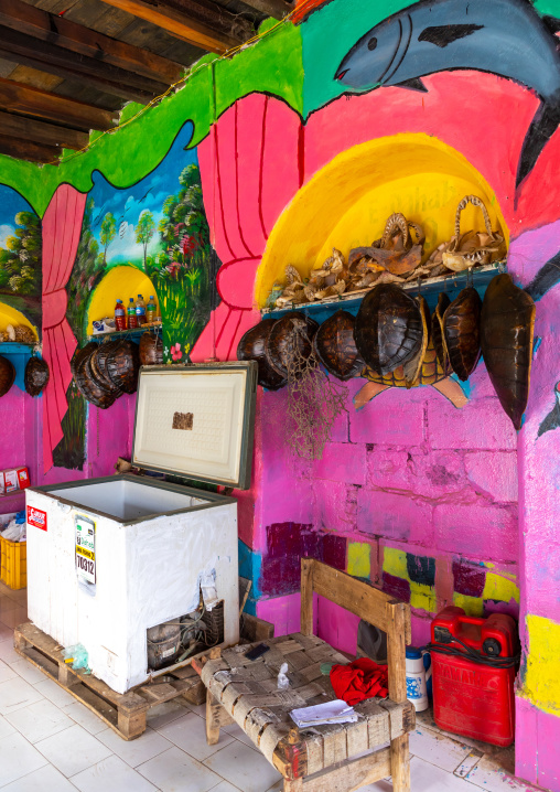 Colorful decoration inside a fisherman shop, Sahil region, Berbera, Somaliland