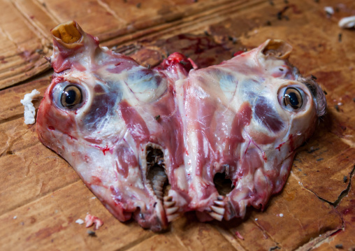 Sheep head cut in two for sale in meat market, Woqooyi Galbeed region, Hargeisa, Somaliland