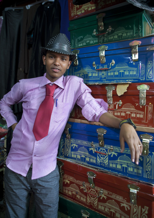 A Man With A Hat Is Standing In Front Of A Chest Vendor Stall, Hargeisa Market, Somaliland