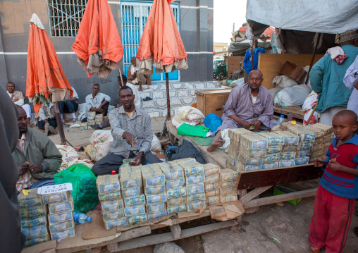 Wads of money changers on a stall in the street, Woqooyi Galbeed region, Hargeisa, Somaliland