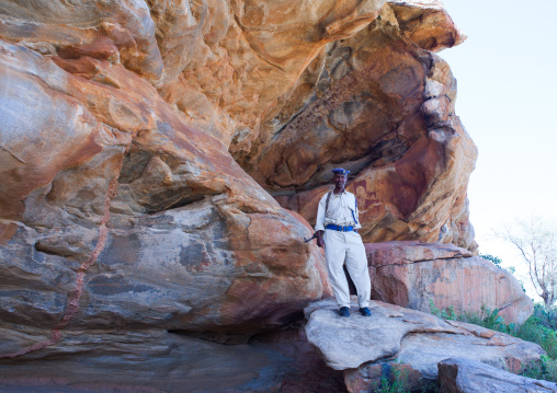 Police escort in laas geel rock art caves, Woqooyi Galbeed region, Hargeisa, Somaliland