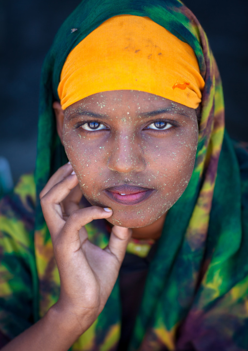 Portrait of a young woman wearing qasil on her face, North-Western province, Berbera, Somaliland