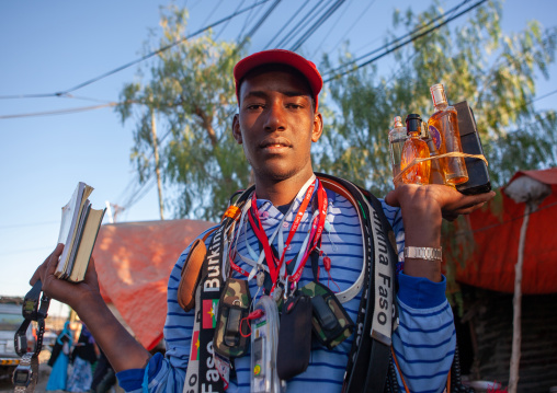 Somali man selling all kind of goods on the roadside, Woqooyi Galbeed region, Hargeisa, Somaliland