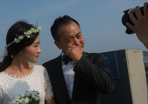 North korean defector jjoseph park crying with his south korean fiancee while recording a video on the dmz, Sudogwon, Paju, South korea