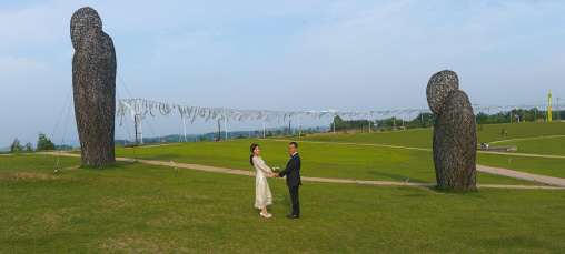 North korean defector joseph park with his south korean fiancee called juyeon in imjingak park, Sudogwon, Paju, South korea