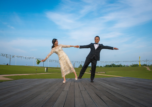 North korean defector joseph park with his south korean fiancee called juyeon in imjingak park, Sudogwon, Paju, South korea