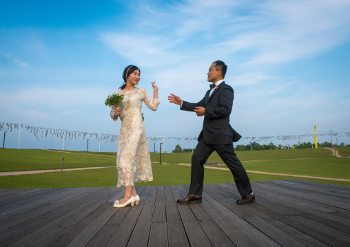 North korean defector joseph park with his south korean fiancee called juyeon in imjingak park, Sudogwon, Paju, South korea