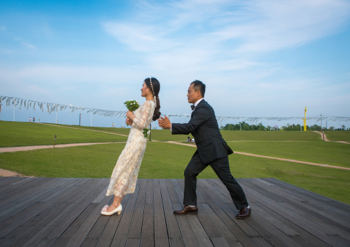 North korean defector joseph park with his south korean fiancee called juyeon in imjingak park, Sudogwon, Paju, South korea