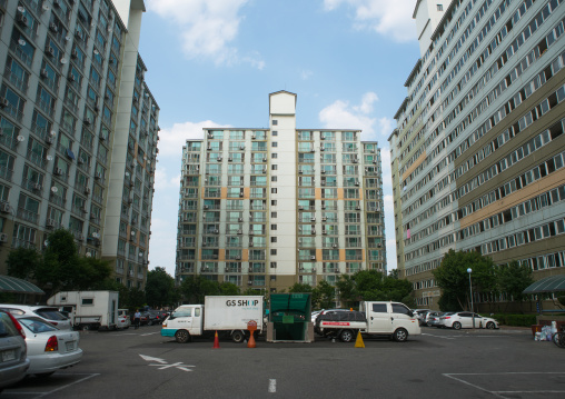 Residential apartments in yangcheong yangcheong where many north korean defectors live, National capital area, Seoul, South korea