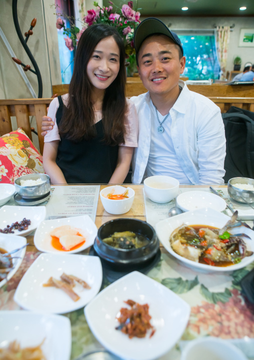 North korean defector joseph park eating at restaurant with his south korean fiancee juyeon, National capital area, Seoul, South korea