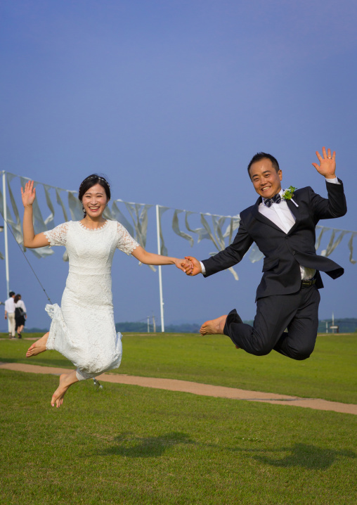 North korean defector joseph park with his south korean fiancee called juyeon in imjingak park, Sudogwon, Paju, South korea