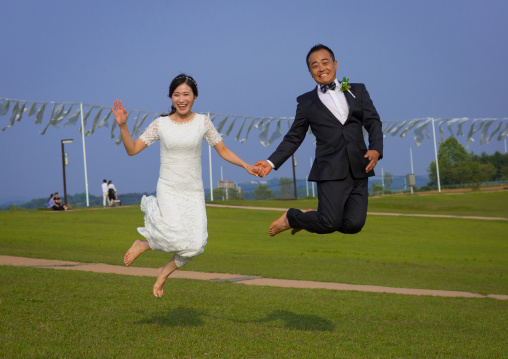 North korean defector joseph park with his south korean fiancee called juyeon in imjingak park, Sudogwon, Paju, South korea