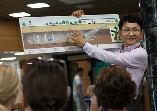 South Korean guide showing third infiltration tunnel map, North Hwanghae Province, Panmunjom, South Korea