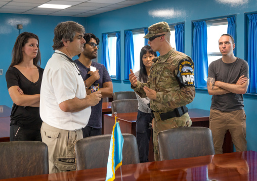 Group of tourists in the joint security area on the border between the two Korea, North Hwanghae Province, Panmunjom, South Korea