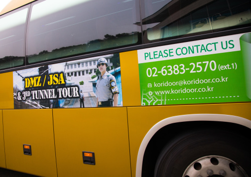 Advertising on a bus for the DMZ touristic tour, North Hwanghae Province, Panmunjom, South Korea