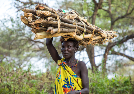 Toposa tribe woman carrying wood branches on her head, Namorunyang State, Kapoeta, South Sudan