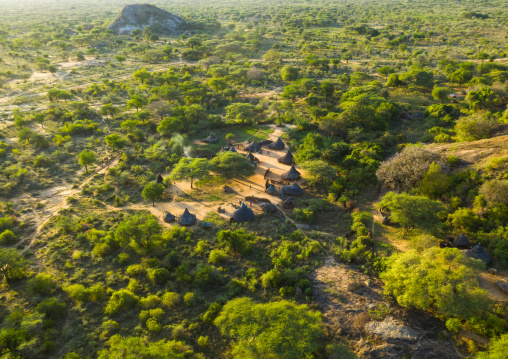 Aerial view of a Larim tribe village, Boya Mountains, Imatong, South Sudan