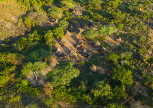 Aerial view of a Larim tribe village, Boya Mountains, Imatong, South Sudan