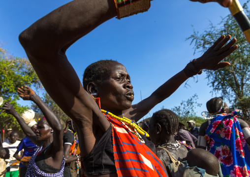 Larim tribe women dancing during a wedding celebration, Boya Mountains, Imatong, South Sudan