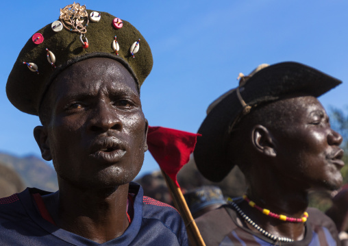 Larim tribe men dancing during a wedding ceremony, Boya Mountains, Imatong, South Sudan