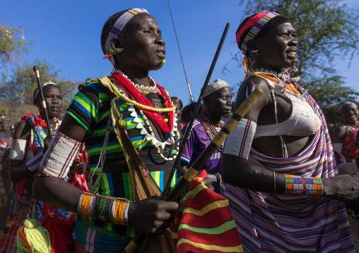 Larim tribe women dancing during a wedding celebration, Boya Mountains, Imatong, South Sudan