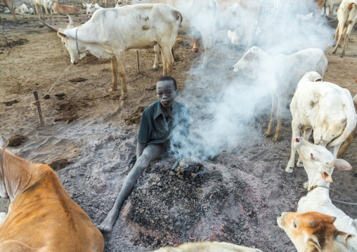 Mundari tribe boy making a campfire made with dried cow dungs to repel flies and mosquitoes, Central Equatoria, Terekeka, South Sudan