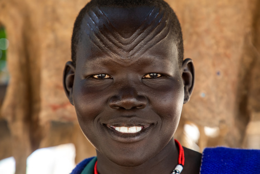 Portrait of a Mundari tribe woman with scarifications on the forehead, Central Equatoria, Terekeka, South Sudan